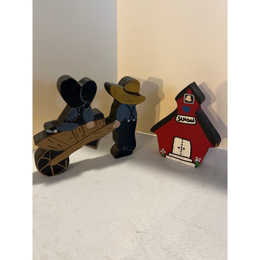 Vintage Hand Painted Wooden Shelf Sitter Set Schoolhouse and Farm Figures 2pc
